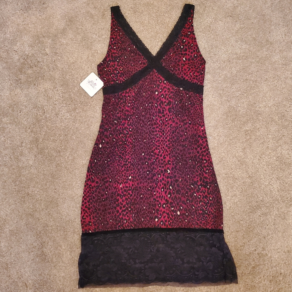 Vintage Boutique Red and Black Lace Leopard Print Dress Sz Small